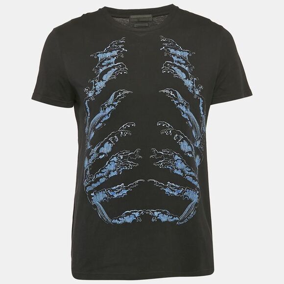 Alexander Mcqueen Black Ribcage Wave Print Cotton T-Shirt M